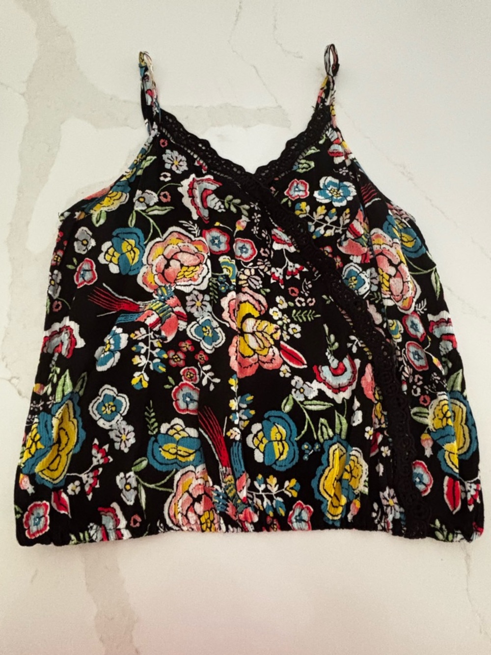 love, Fire Black Floral Lace-Trim Camisole with Yellow & Blue Flowers
